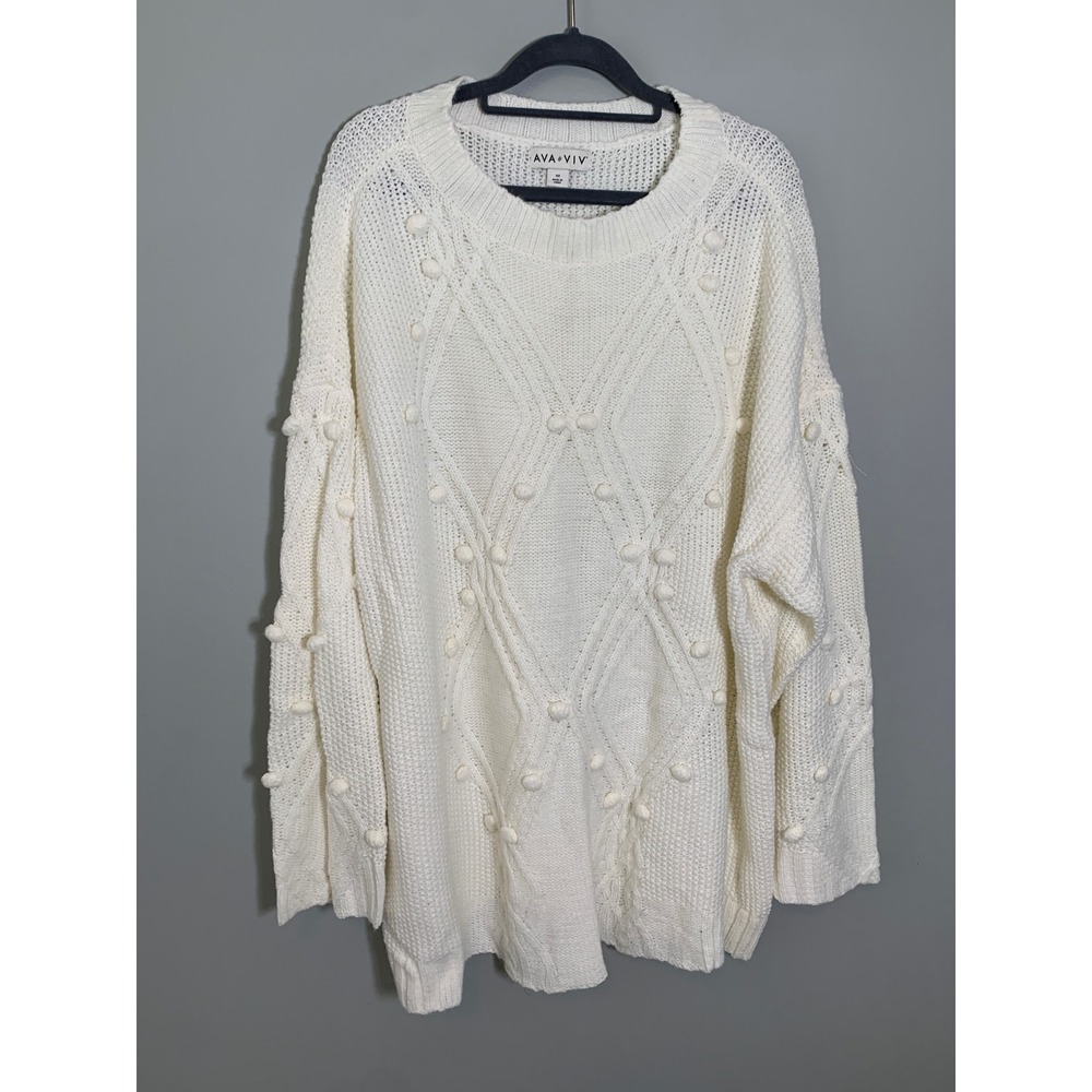 Ava & Viv Sweater Women 4X White Cable Knit Pom Pom Crewneck Pullover